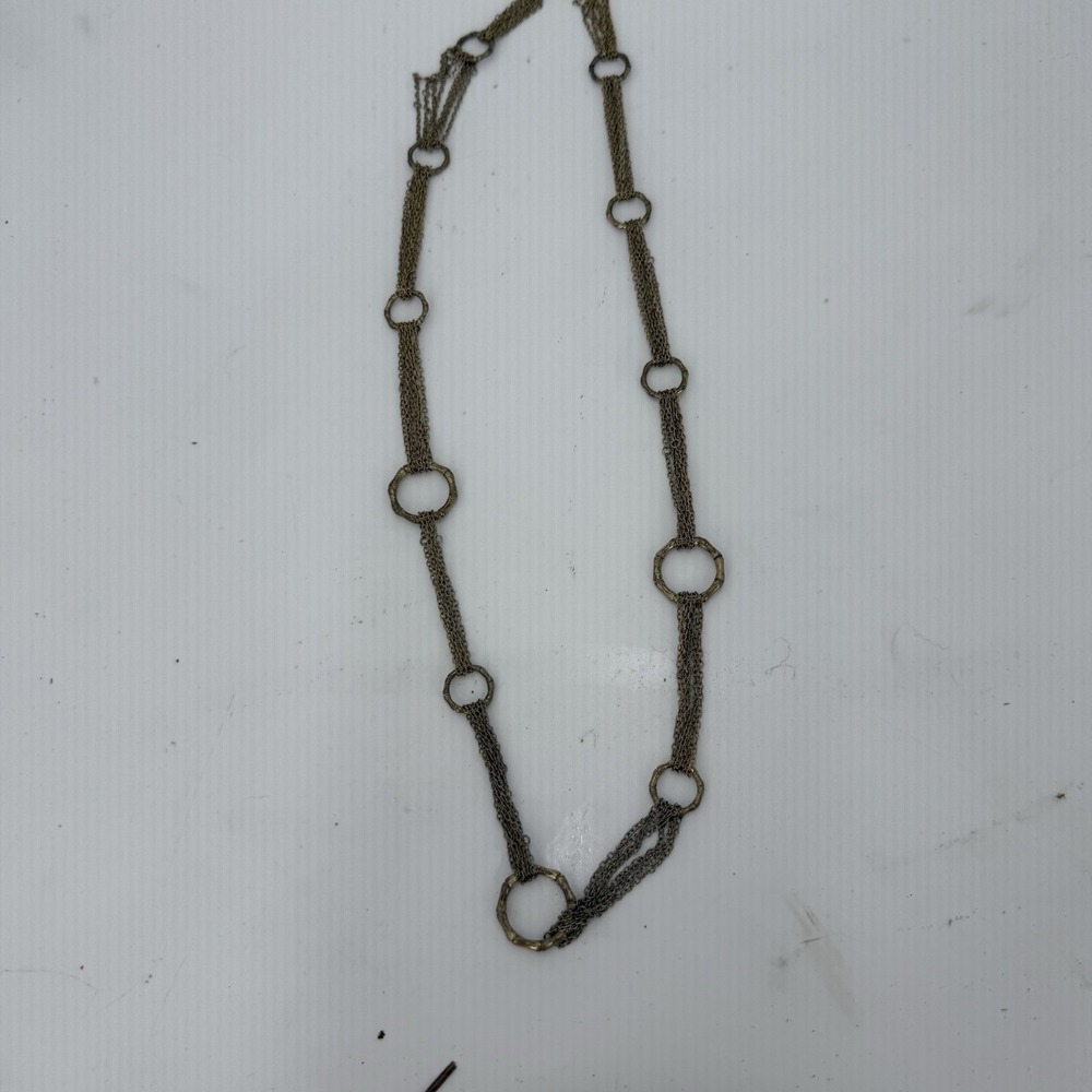 Long Multi Strand Chain Link Necklace Hammered Rings Antique Gold Tone 35"